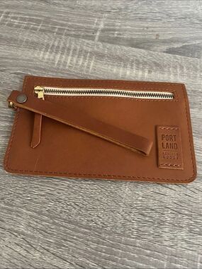 Portland Leather Goods Cognac Leather Wristlet Clutch Zip Pouch Handbag